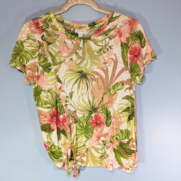 J. Jill Linen Tropical Print Tie-Hem Tee - Picture 1 of 4
